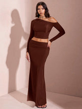 Women's Solid Color Asymmetric Neckline Long Sleeve Pleated Top + Long Skirt Set